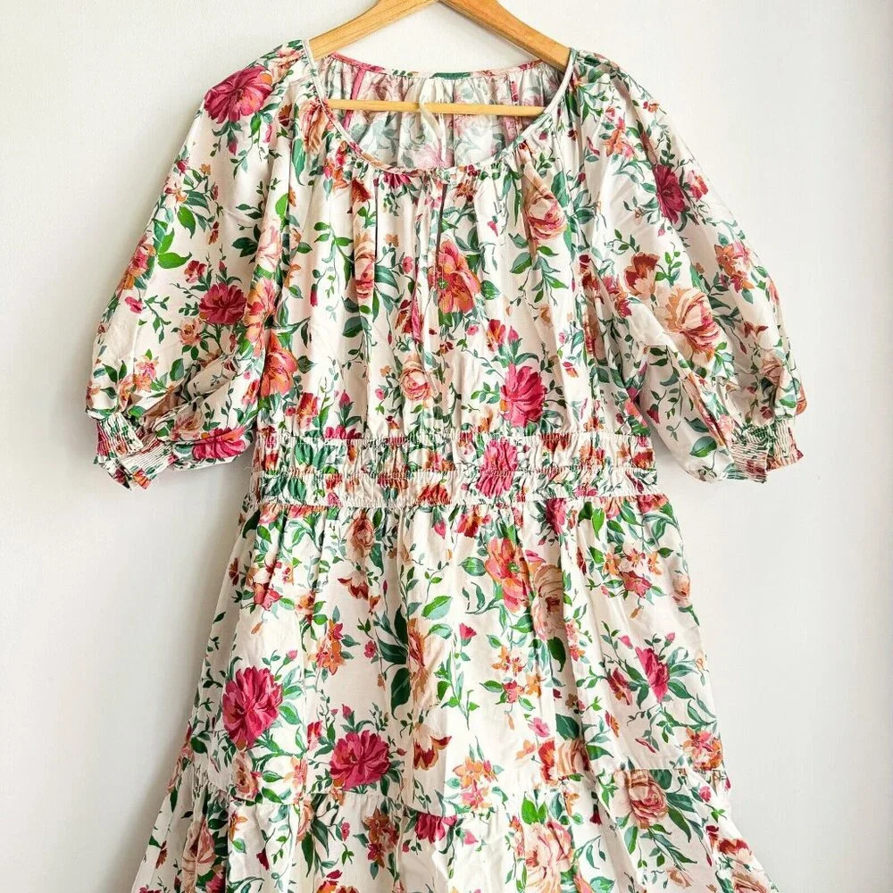 Anthropologie White Floral Puff-Sleeve Maxi Dress with Pink & Green Print - Picture 3 of 8